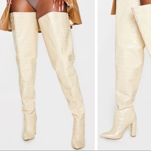 PrettyLittleThing Boots Cream Pu Croc Thigh High Point Block Heels Trendy Sexy - Picture 1 of 9